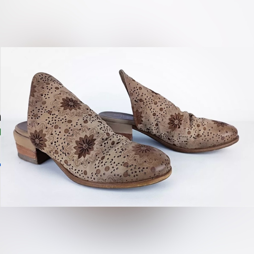 A.S.98/AS98 x Free People Brown Beige Leather Floral Laser Cut Slip-on Mule Clog